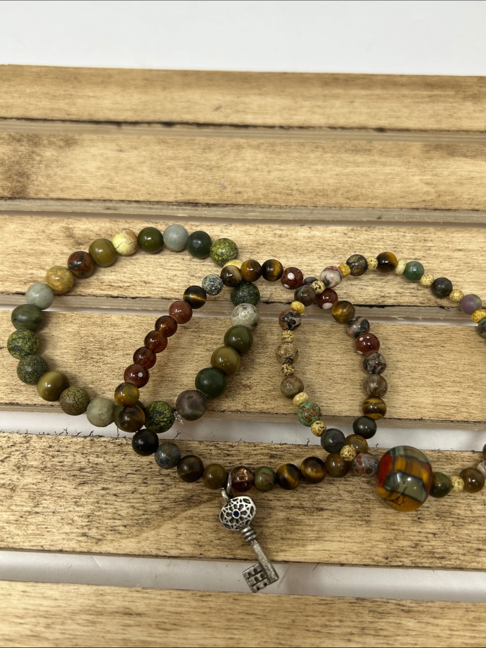 Three Hand Crafted Earth-Tone Mixed Stone Beaded Bracelet Set